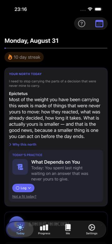 The Northe app showing today’s north — a theme, a thinker’s idea, and the single practice chosen for the day.